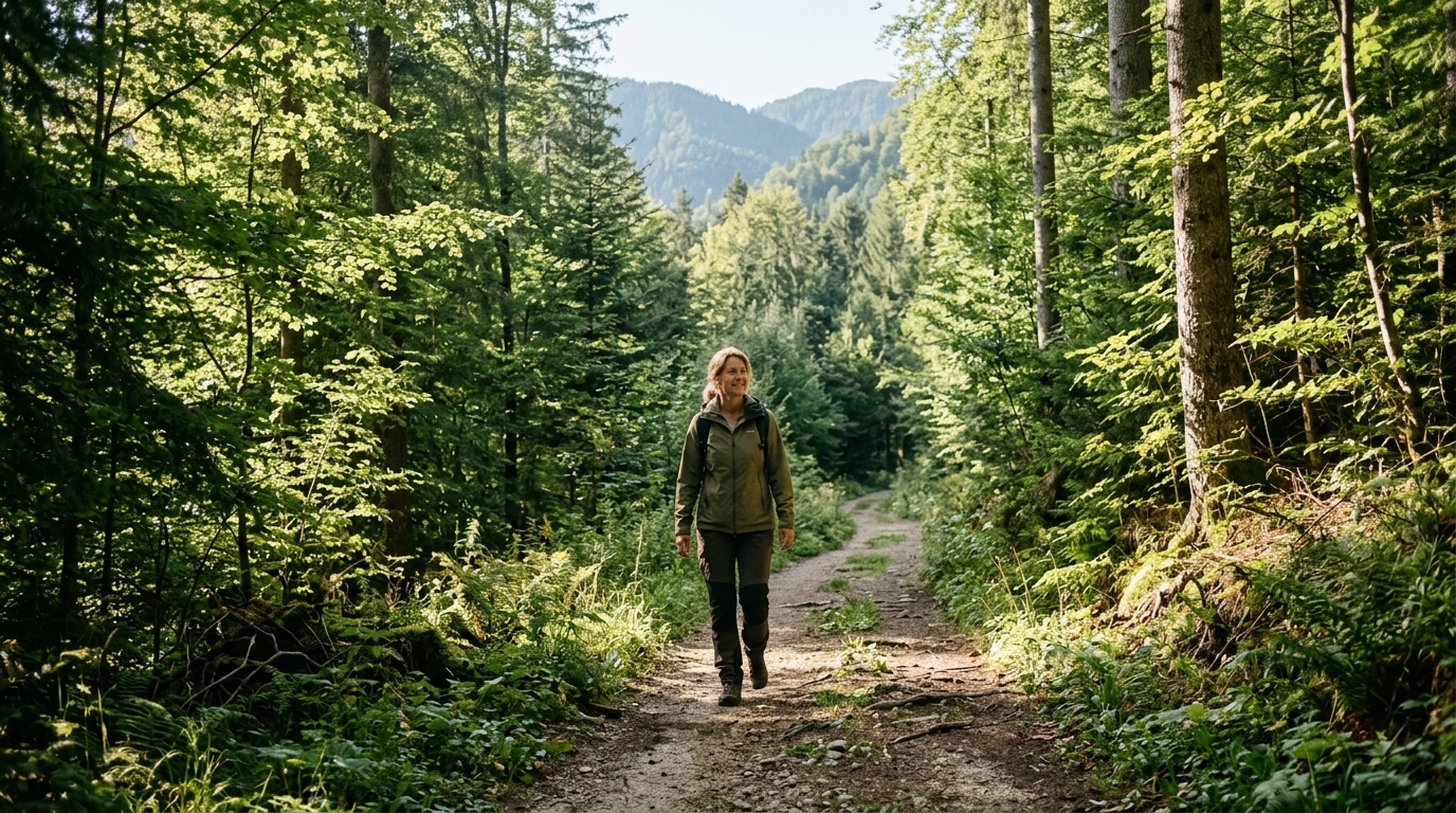 Person beim ruhigen Spaziergang durch einen österreichischen Wald