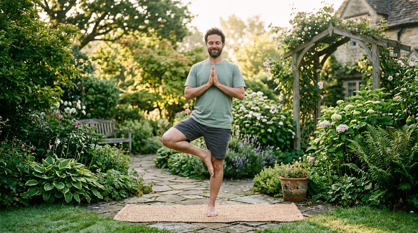 Mann bei ruhiger Yoga-Übung im Garten